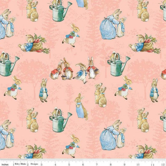 Printed Quilt fabric featuring Peter Rabbit and various animals engaging in garden activities on a coral pink background.