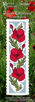 Cross-stitch kit for 'Poppies' by Lyn Manning with red and green flowers on a white background.