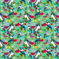 New Zealand designed quilt fabric with pattern of colorful birds and flowers on a mint background.