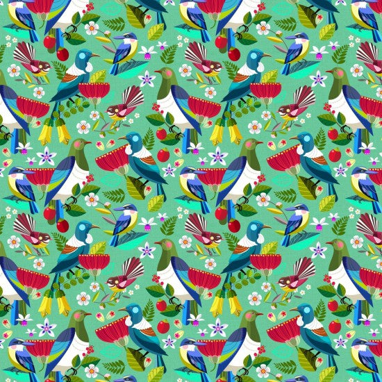 New Zealand designed quilt fabric with pattern of colorful birds and flowers on a mint background.