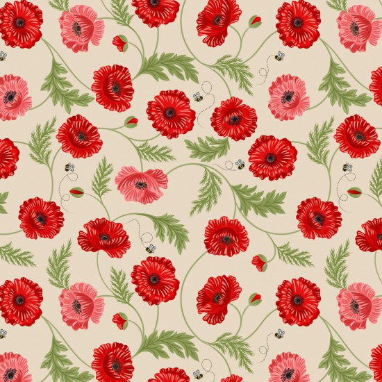 A Quilting fabric with a floral design featuring red poppies, green leaves, and ecru background.