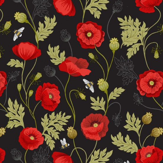 A Quilting fabric with a black background featuring a print of red poppies, green leaves, and bees.
