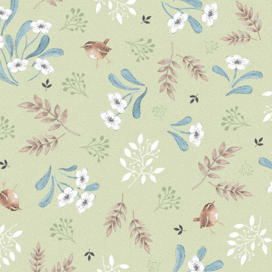 A Quilting fabric with a light sage background printed with a meadow scene including birds, flowers, and leaves.