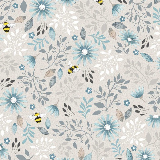 A Quilting fabric featuring a meadow scene with bees and flowers on a pale oatmeal background, imported, and 100% cotton.