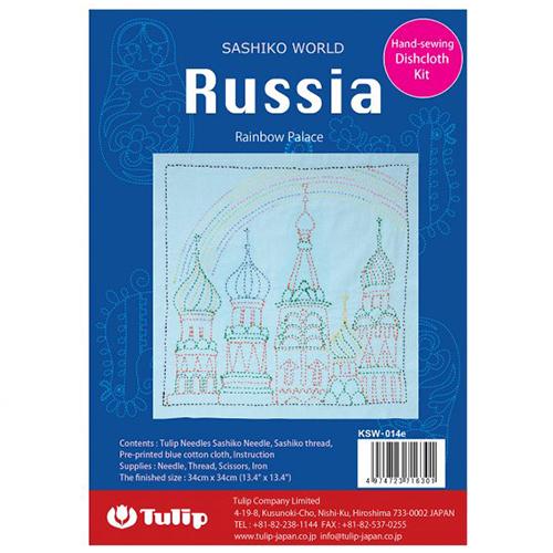 Sashiko World Russia pre-printed fabric panel kit packaging with embroidered design on blue background