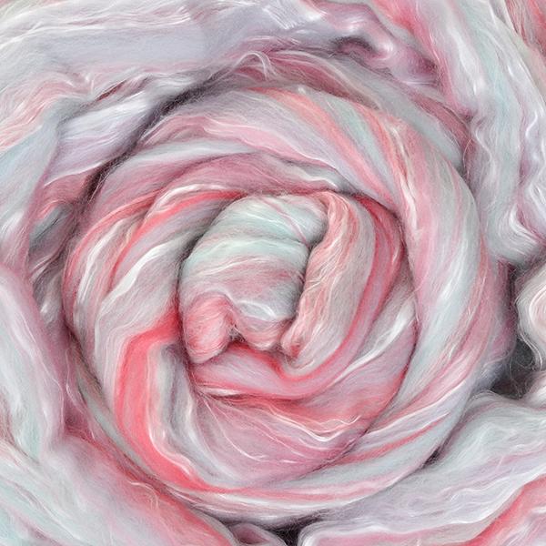 Picture of sample projects made with New Zealand Merino and Silk unspun fibre dyed in multi-colour pastel pinks and ice blue