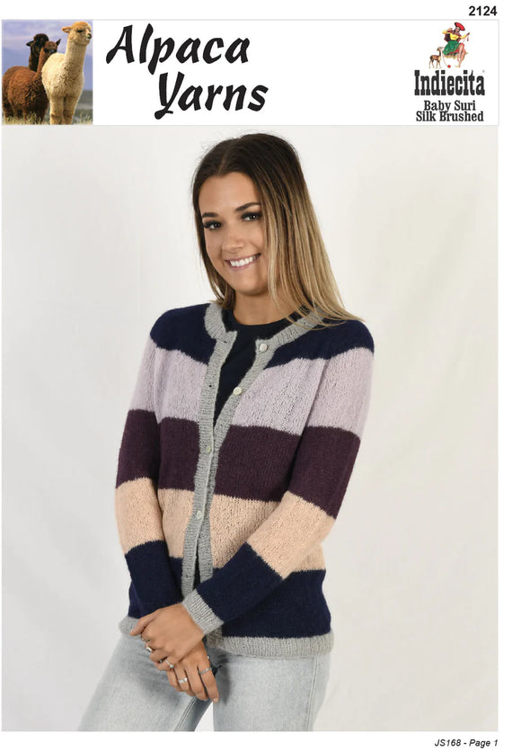 Indiecita Knitting Pattern 2124 - Ladies Cardigan with stripes in 2-Ply / Lace-weight