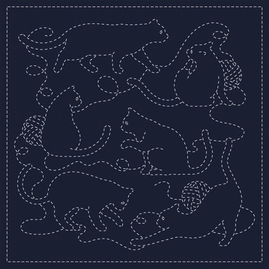 Sashiko Pre-printed Cloth Panel - All You Need Is...Cats! on Indigo