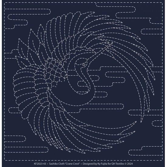 Sashiko pattern with a crane design on a dark blue background