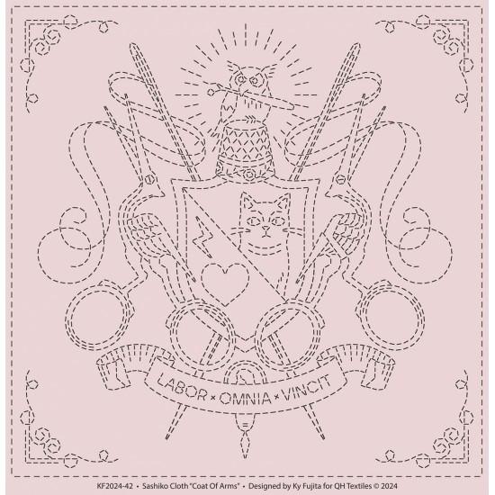 Pre-printed Sashiko cloth panel featuring a coat of arms with motifs of cats, owls, and stork scissors on a dusky mauve-pink background.