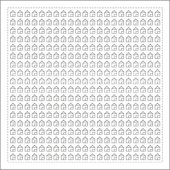 Pre-printed white sashiko fabric with triangular roof house design