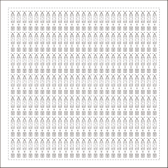 A pre-printed cotton fabric panel featuring a repeated geometric pencil and eraser design on a white background, intended for Sashiko embroidery.