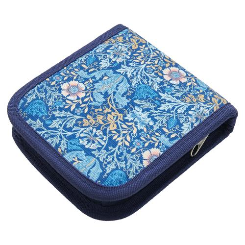Blue floral patterned sewing kit on a white background