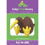 Funky Friends Factory soft toy kiwi bird packaging with purple and green design.