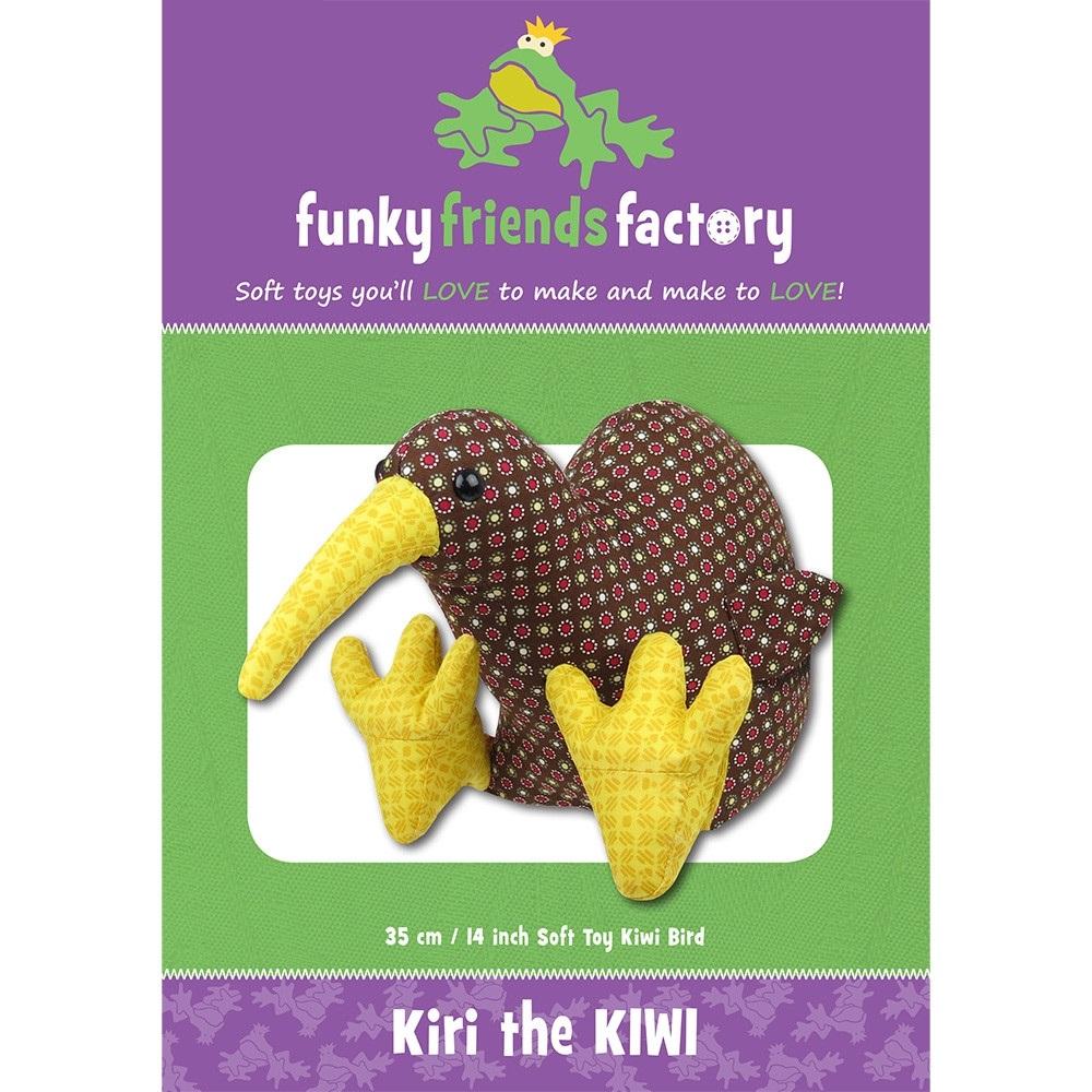 Funky Friends Factory sewing pattern for Kiri the Kiwi with text and a barcode on a green and purple background.