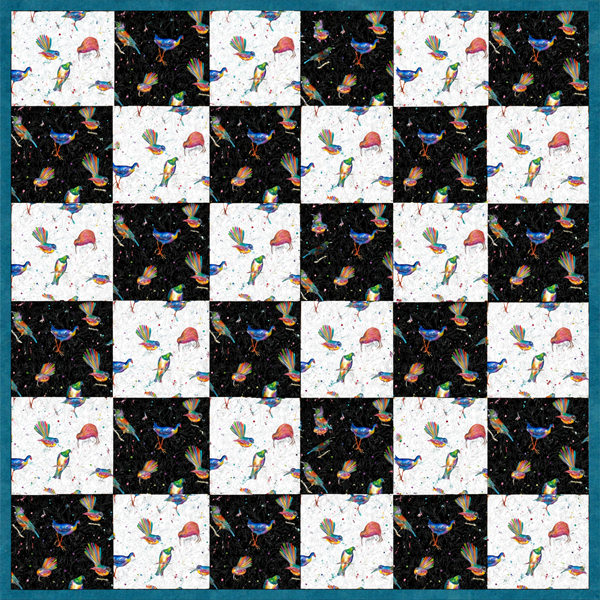 Checkered quilt design with colorful New Zealand bird illustrations using our Splash fabrics