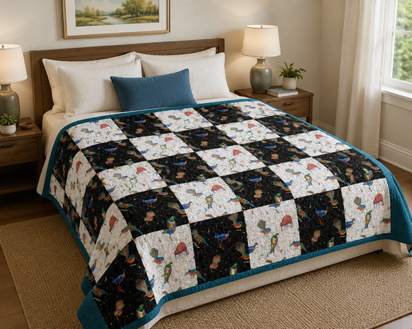 Quilt displayed on bed with colorful New Zealand bird illustrations using our Splash fabrics