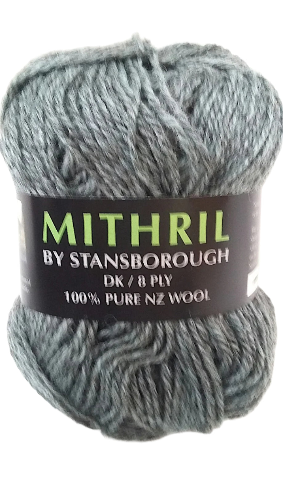Ball of blue-grey yarn with a label reading 'Mithril by Stansborough' on a white background
