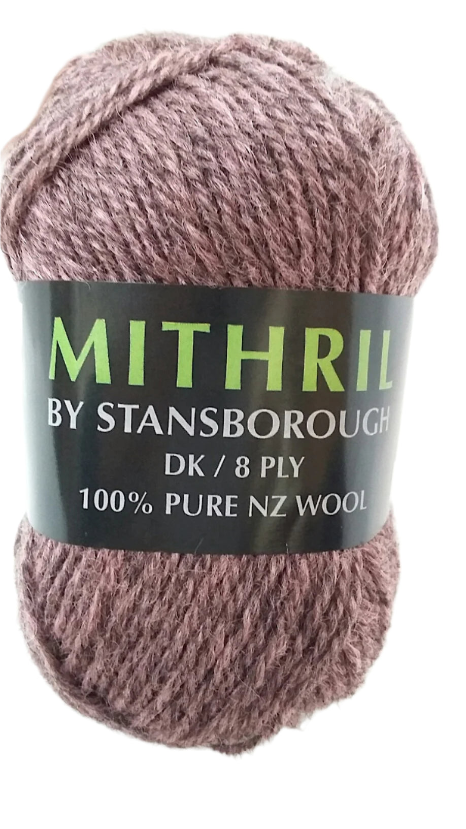 Ball of pink yarn with a label reading 'Mithril by Stansborough' on a white background