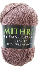 Ball of pink yarn with a label reading 'Mithril by Stansborough' on a white background