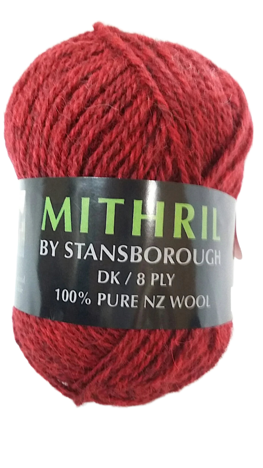 Ball of red yarn with a label reading 'Mithril by Stansborough' on a white background
