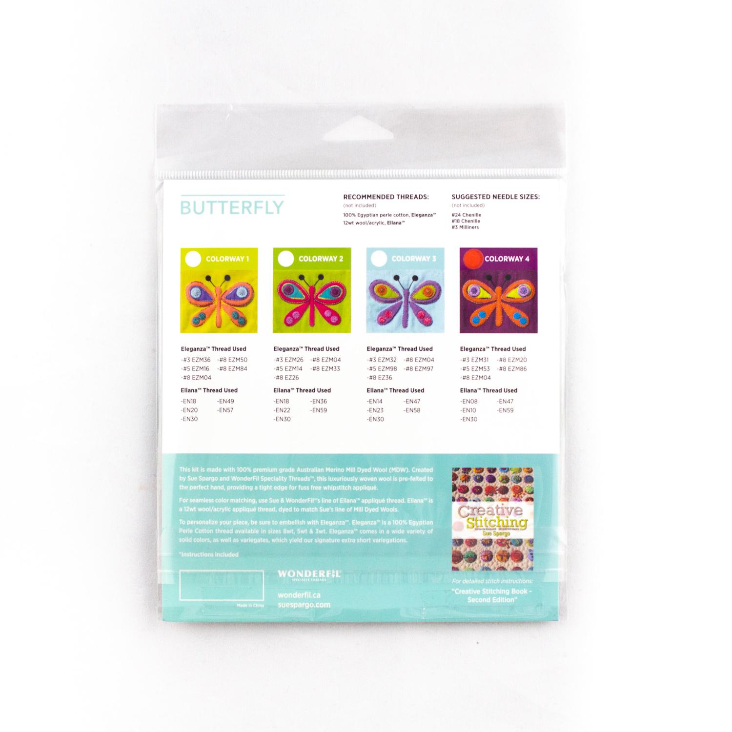 Packaging of butterfly-themed embroidery thread cards with colorful designs on a white background.