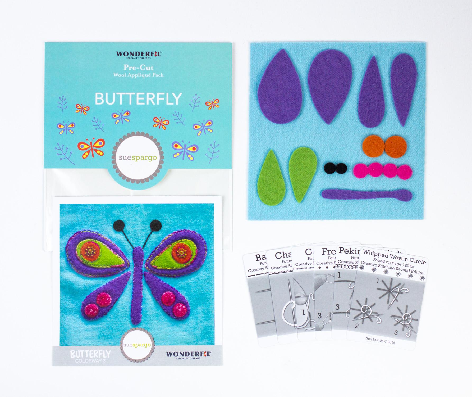 Butterfly craft kit with pre-cut felt pieces and instructions on a white background