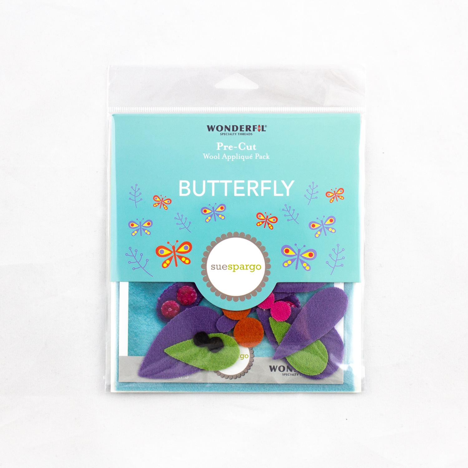 Packaged butterfly-themed craft supplies with colorful butterflies on a white background