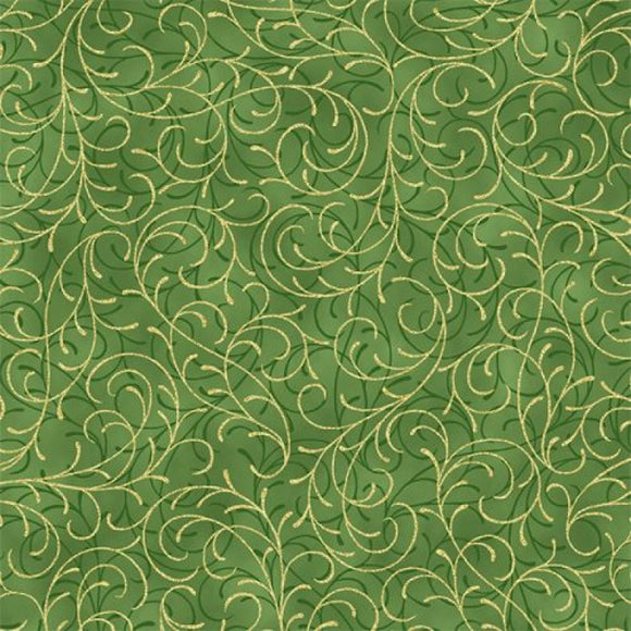 Joyful Traditions By Hoffman - Scroll in Leaf Green with Gold Overlay