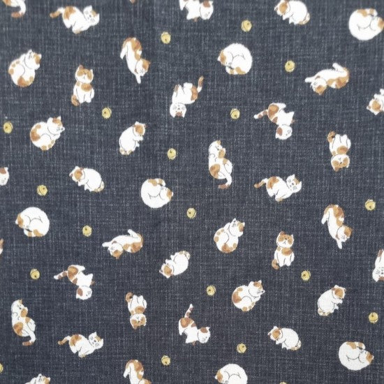 Traditional Japanese design featuring multi-colored cats and balls on a linen-look black background.
