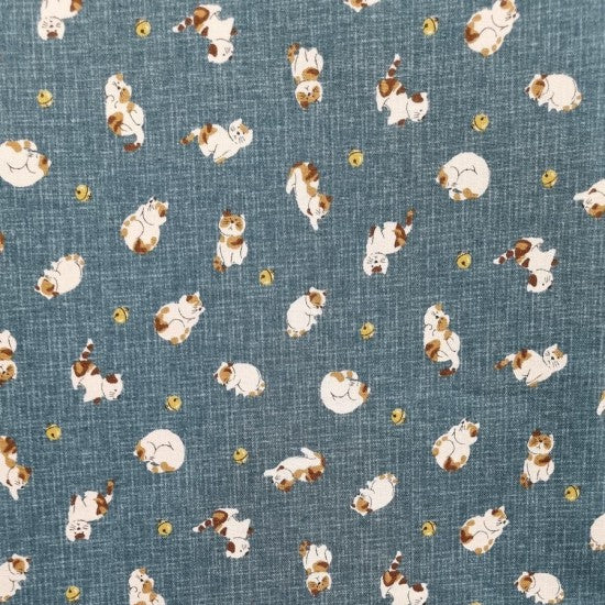 Traditional Japanese design featuring multi-colored cats and balls on a linen-look teal background.