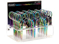 Display of Triumph Rainbow Titanium Needlework Scissors with packaging in the background.
