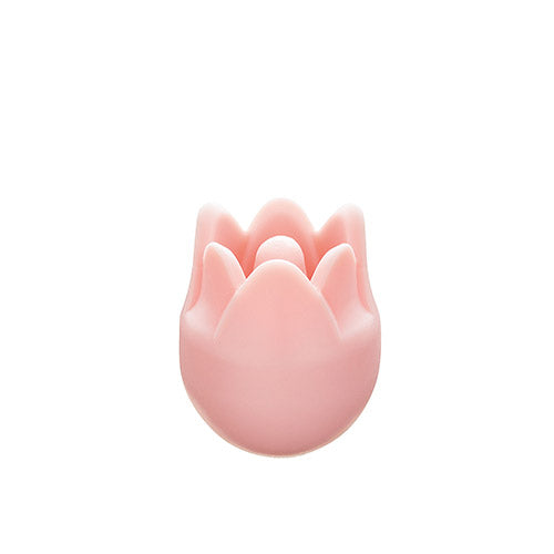 Close up of Pink tulip-shaped knitting needle point protector on a white background