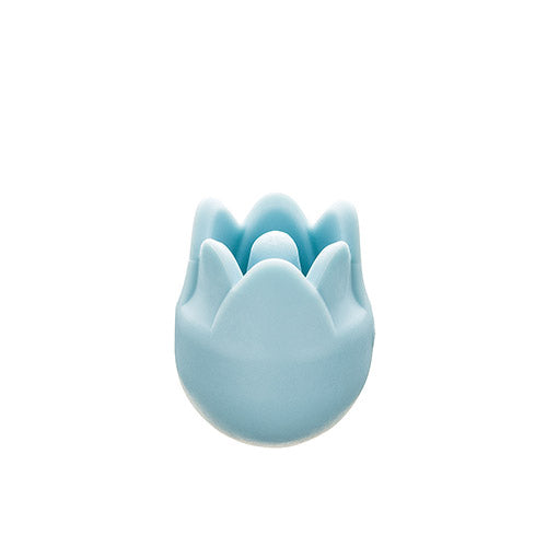 Close up of Blue tulip-shaped knitting needle point protector on a white background