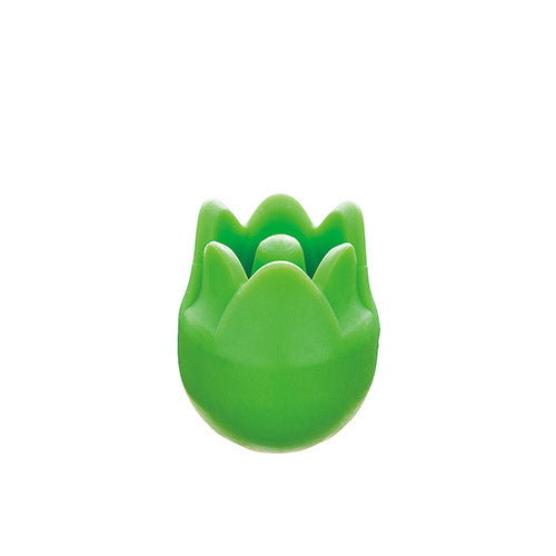 Close up of Green tulip-shaped knitting needle point protector on a white background
