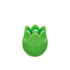 Close up of Green tulip-shaped knitting needle point protector on a white background