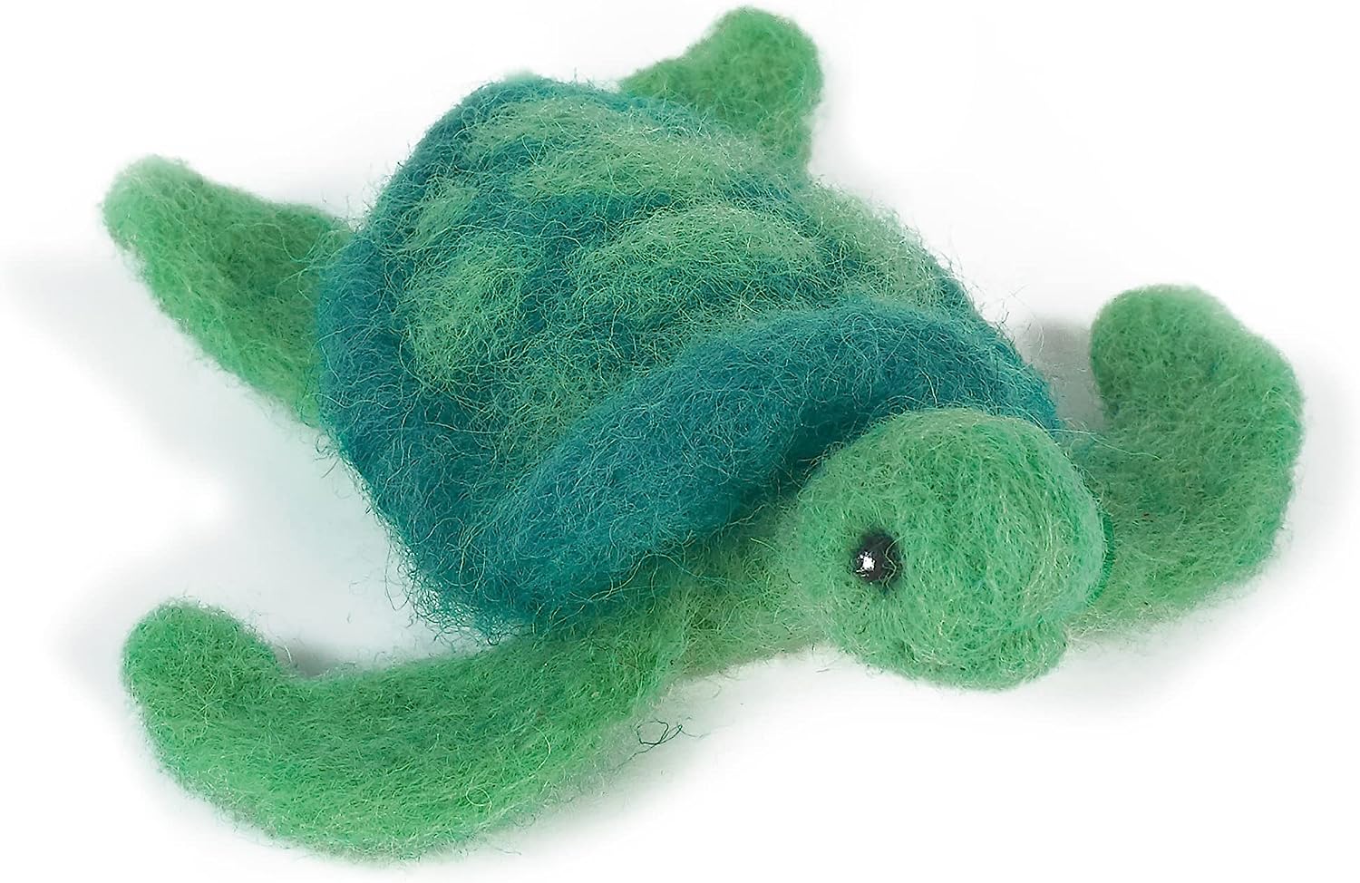 A green felt turtle needle felting kit with a felting needle and mat.