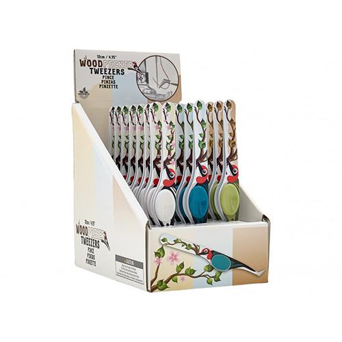 Display box of fabric tweezers with bird illustrations on a white background