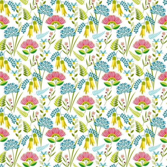 Quilt fabric with colorful New Zealand flowers on a off-white background