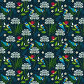 New Zealand quilting fabric with a pattern of birds and flowers on a dark navy blue background.