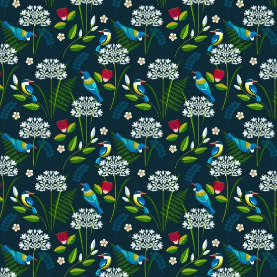 New Zealand quilting fabric with a pattern of birds and flowers on a dark navy blue background.