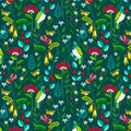New Zealand quilt fabric with colorful floral and bird pattern on a dark green background