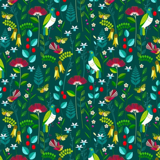 New Zealand quilt fabric with colorful floral and bird pattern on a dark green background