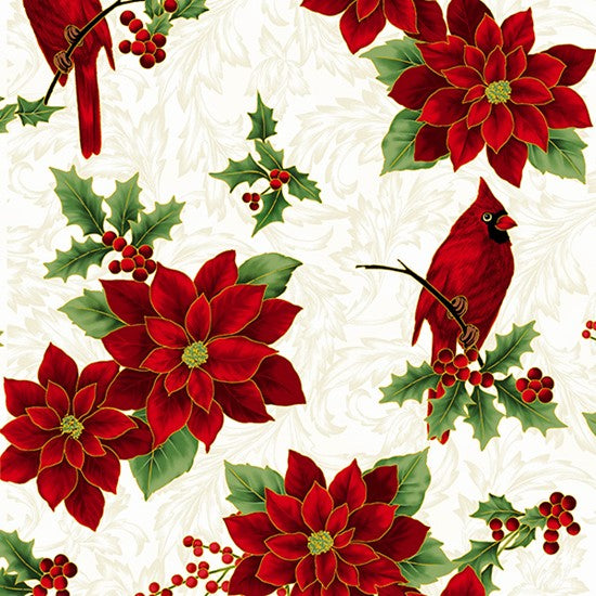 Hoffman Holiday Wishes  - Poinsettias and Cardinals with Gold Overlay on Natural and White Patterned Background