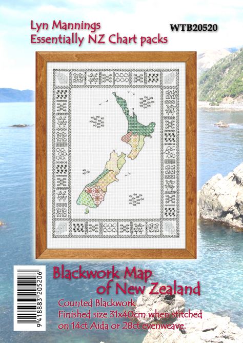 CraftCo Cross-stitch chart - Blackwork Map of New Zealand with tiny Kiwiana motifs