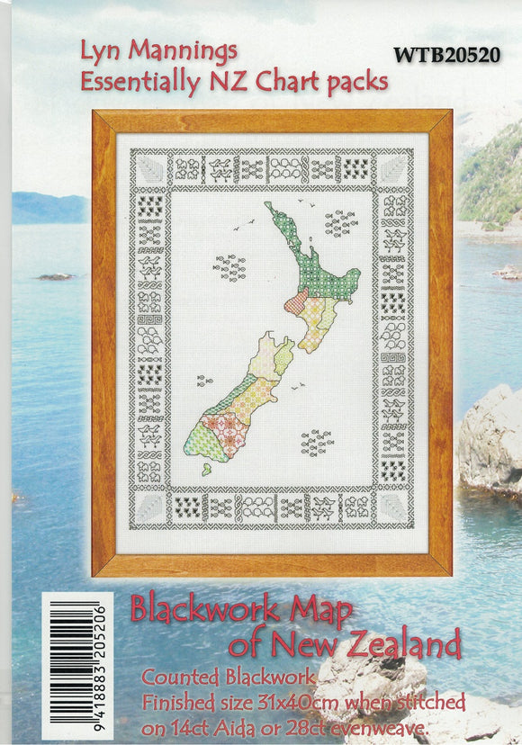 Cross-stitch chart - Blackwork Map of New Zealand with tiny Kiwi motifs