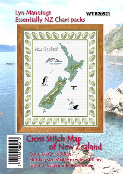 CraftCo Cross-stitch chart - New Zealand Map with sea life and fern motifs