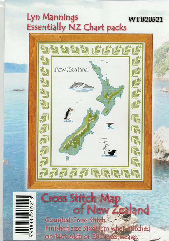 CraftCo Cross-stitch chart - New Zealand Map with sea life and fern motifs