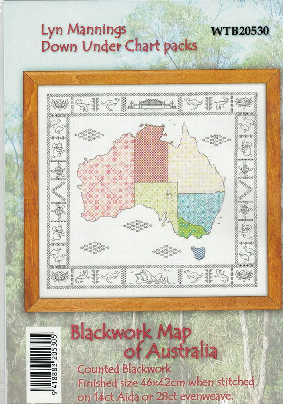 CraftCo Cross-stitch chart - Blackwork Map of Australia with tiny Aussie motifs