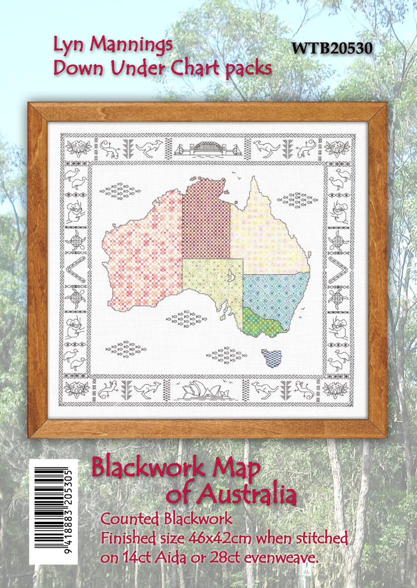 CraftCo Cross-stitch chart - Blackwork Map of Australia with tiny Aussie motifs